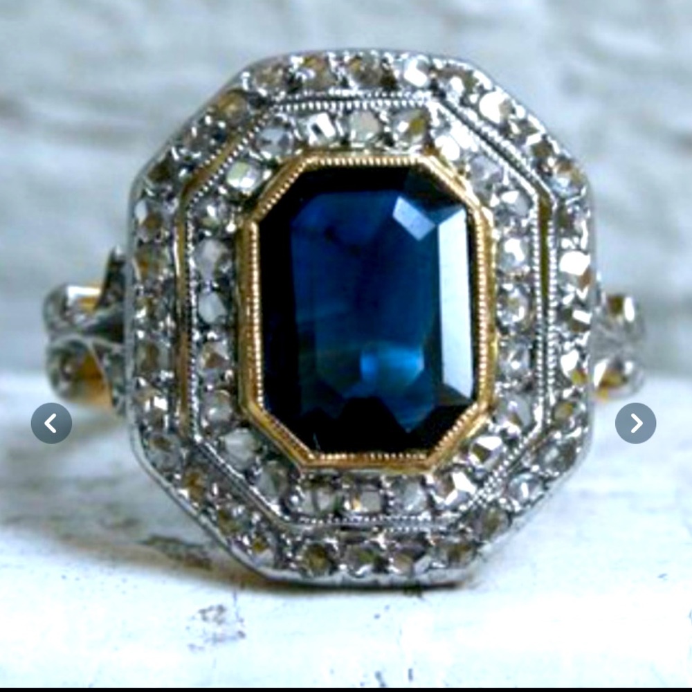 Vintage Looking 18kt gp Blue Sim Diamond Ring NEW Various sizes